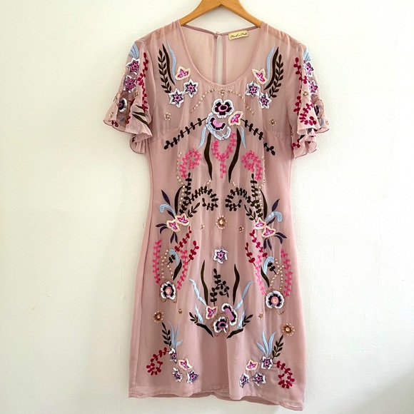 Frock and Frill Pink Embellished Knee Length Embroidered Dress Wedding UK 12 - Picture 2 of 11